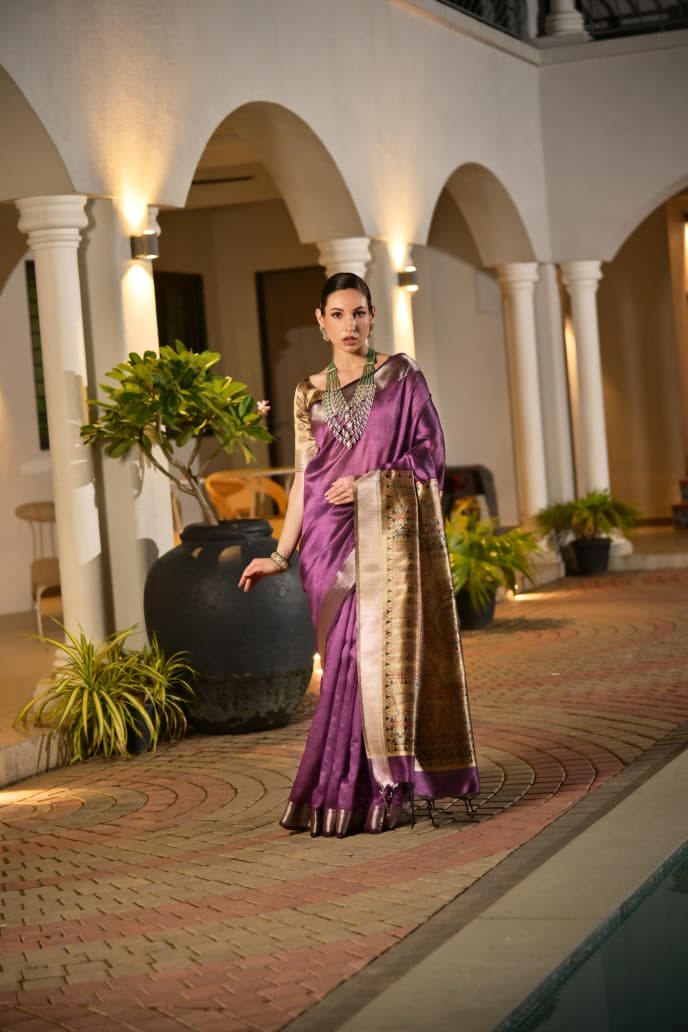 Madhubani Art Khadi Raw Silk Saree with Traditional Temple Zari Weaving and Lotus Print Blouse